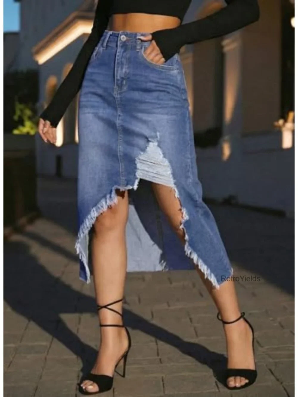 High Waisted Distressed Midi Denim Skirt with Side Slit